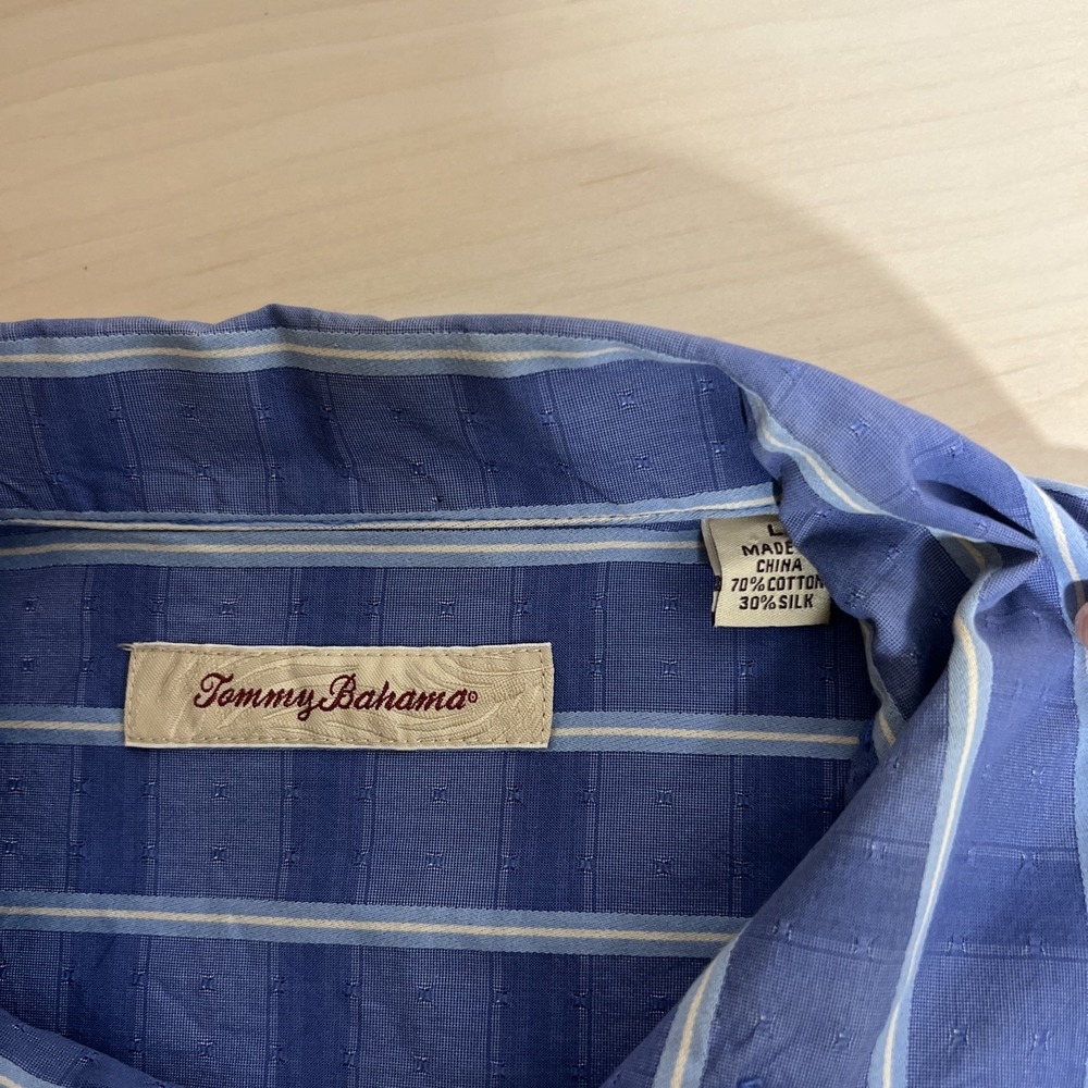 Tommy Bahama Mens L Cotton Silk Blend Button Down Shirt Blue Texture Long Sleeve - Picture 4 of 10